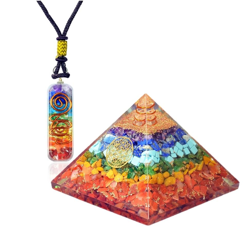 Orgonite Crystal Seven Chakra Pyramid front view highlights colorful crystals for energy balance.