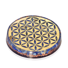 Orgonite Crystal water charging plate with Lapis Lazuli offers protective energy during meditation.