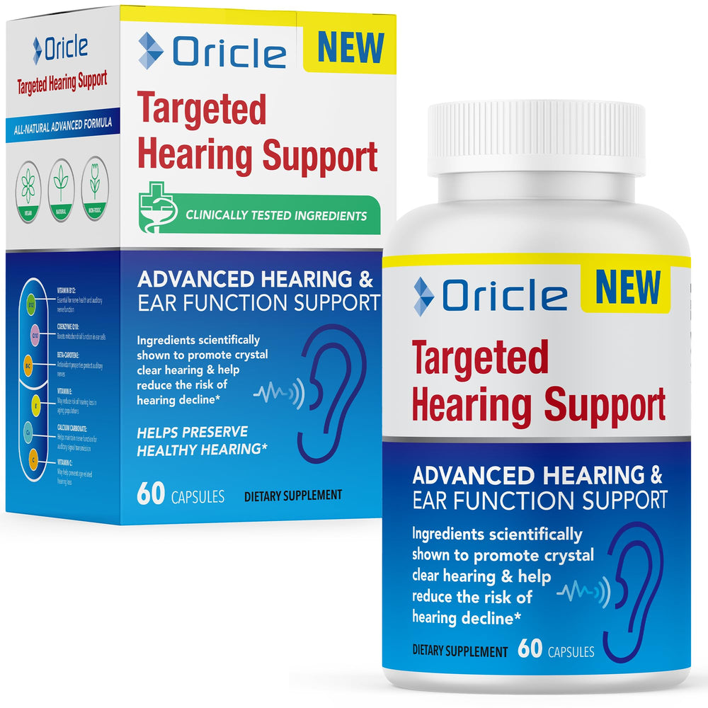 Oricle Targeted Hearing Support bottle front promoting daily ear health.