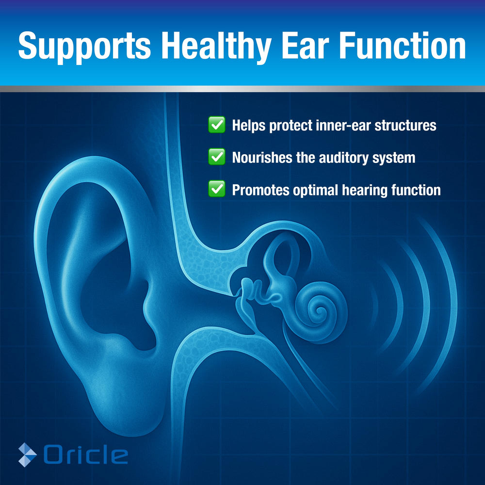Oricle Targeted Hearing Support capsules close-up highlighting vegan formula.