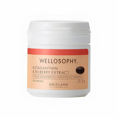 Oriflame Wellness Astaxanthin & Bilberry Extract bottle showing antioxidant support for skin and eyes
