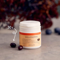 Oriflame Wellness Astaxanthin & Bilberry Extract label close-up emphasizing bilberry anthocyanins for antioxidant benefits