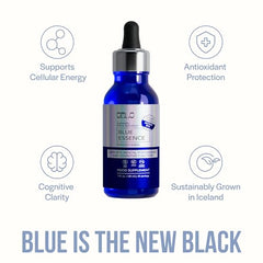 Orlo Blue Essence liquid spirulina in a clear bottle highlighting liquid form