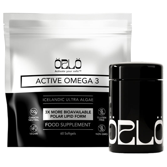 Orlo vegan omega3 algae oil bottle with a clear label for easy, no-fish-aftertaste daily use.