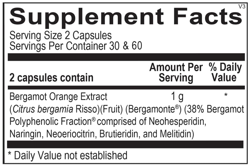 Ortho Bergamot BPF label detail showing polyphenol blend for cholesterol balance.