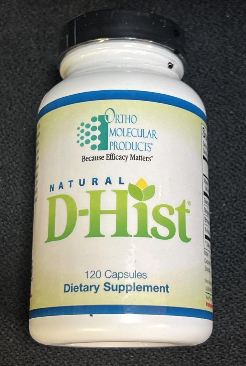 Ortho Molecular Natural D-Hist bottle showing label; supports immune balance for hypersensitive individuals.