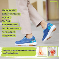 OrthoComfoot blue arch-support insole aligns the foot.