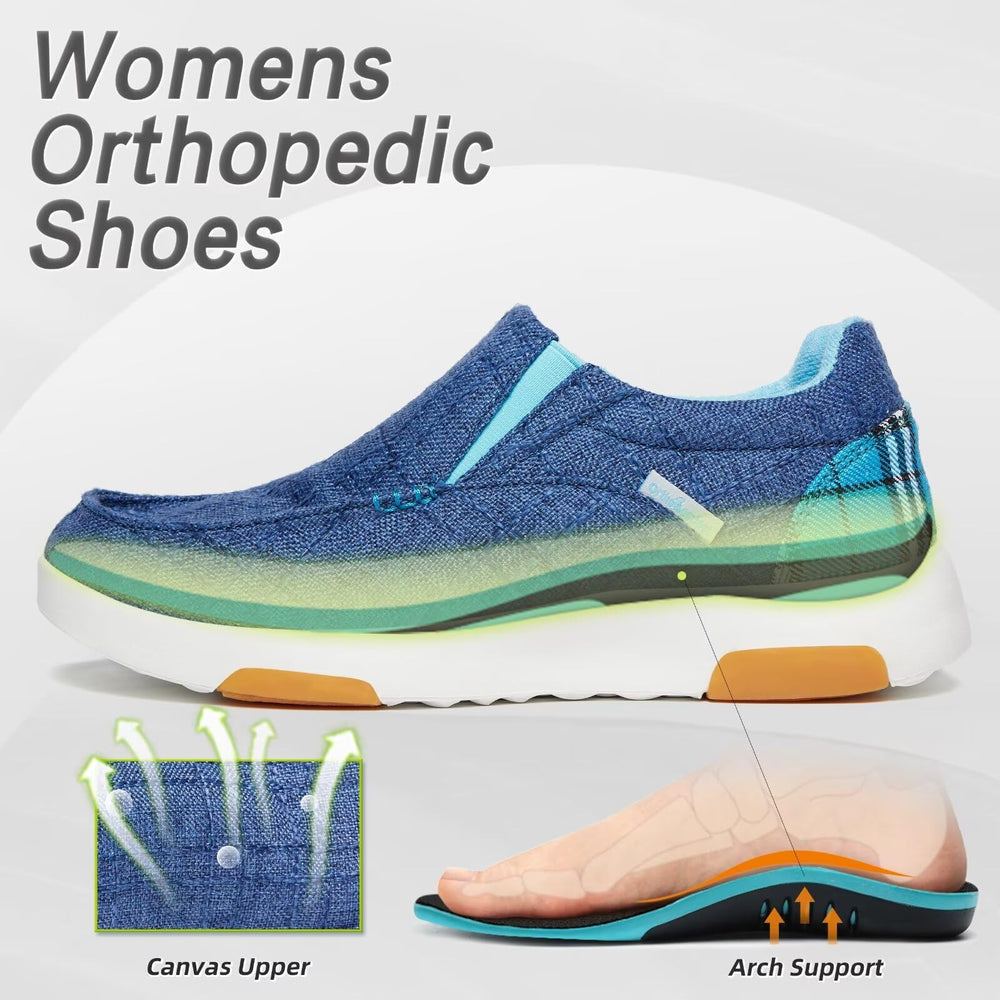 OrthoComfoot blue diabetic-friendly shoes cushion and support.