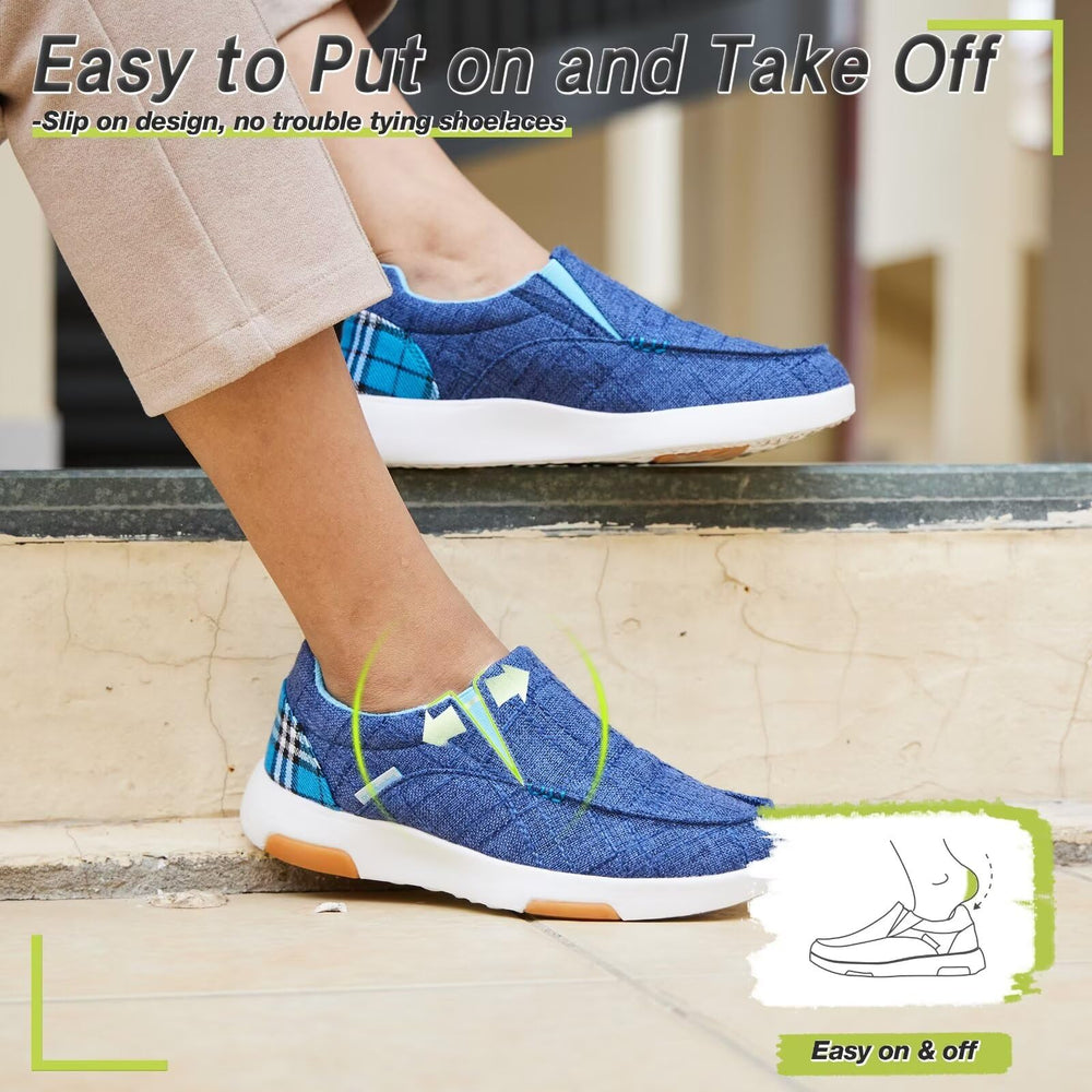 OrthoComfoot blue elastic-lace upper for easy on/off.