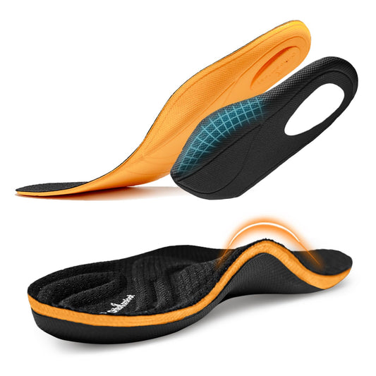 OrthoComfoot high arch support insoles with removable arch-height for customizable comfort.