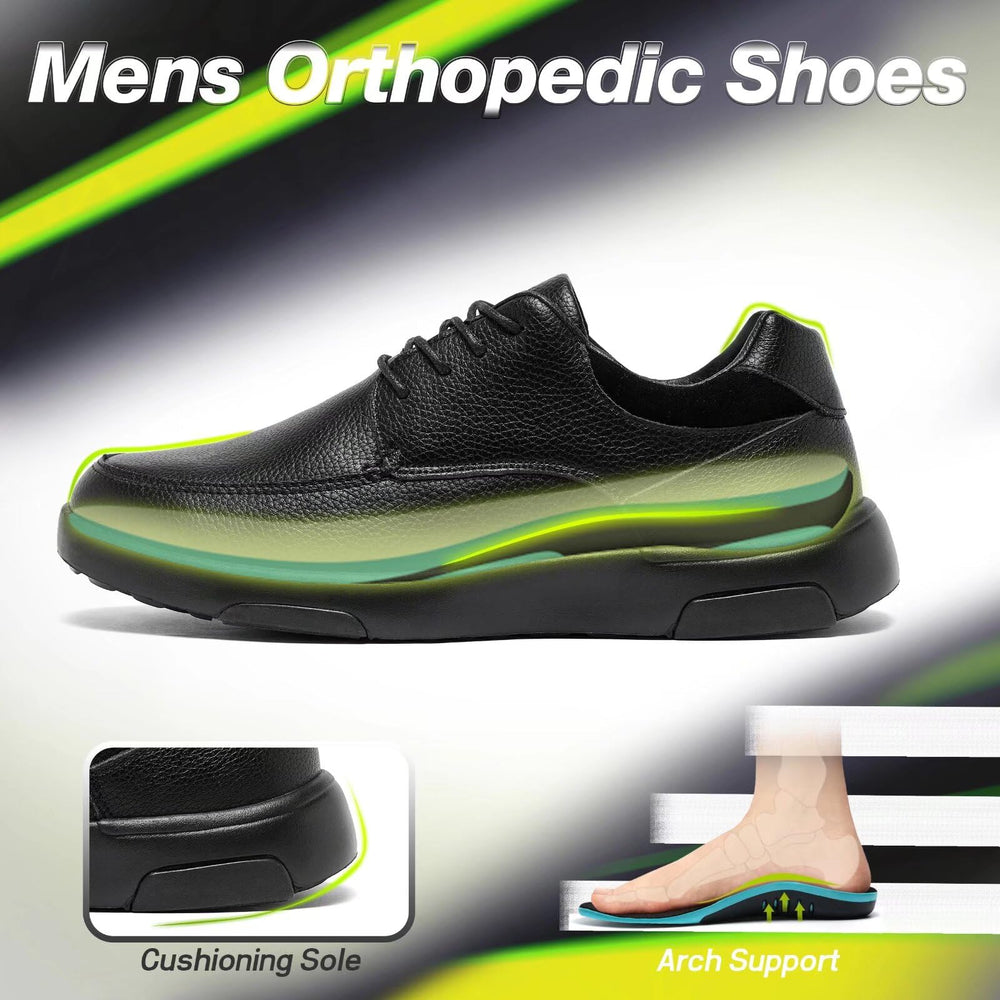 OrthoComfoot men's orthopedic leather dress shoes side view with secure lace-up