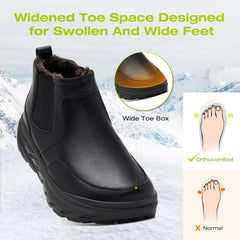 OrthoComfoot waterproof leather winter boot showing wide toe box and outer texture.