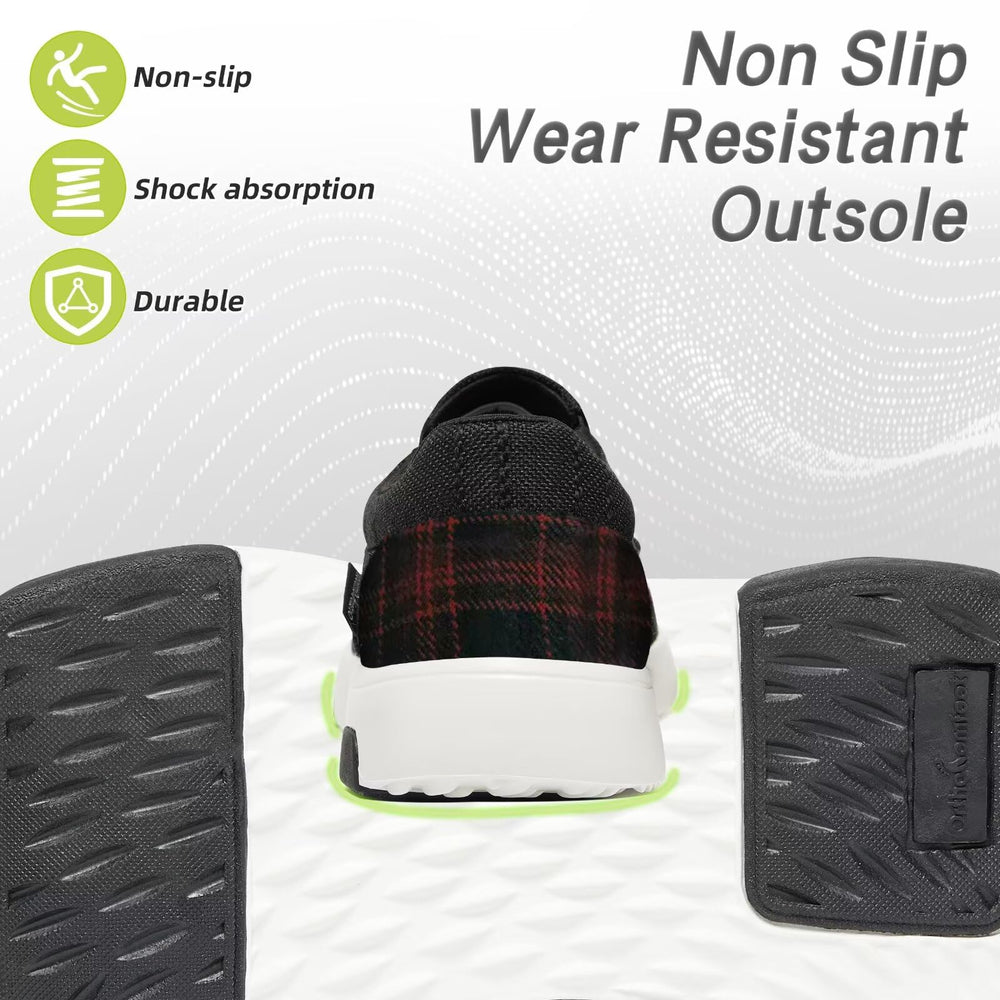 OrthoComfoot black slip-ons with cushioned heel area for steady outdoor walking.