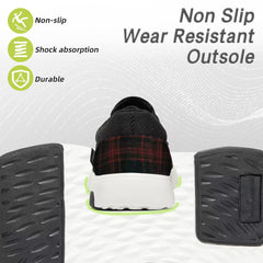 OrthoComfoot black slip-ons with cushioned heel area for steady outdoor walking.