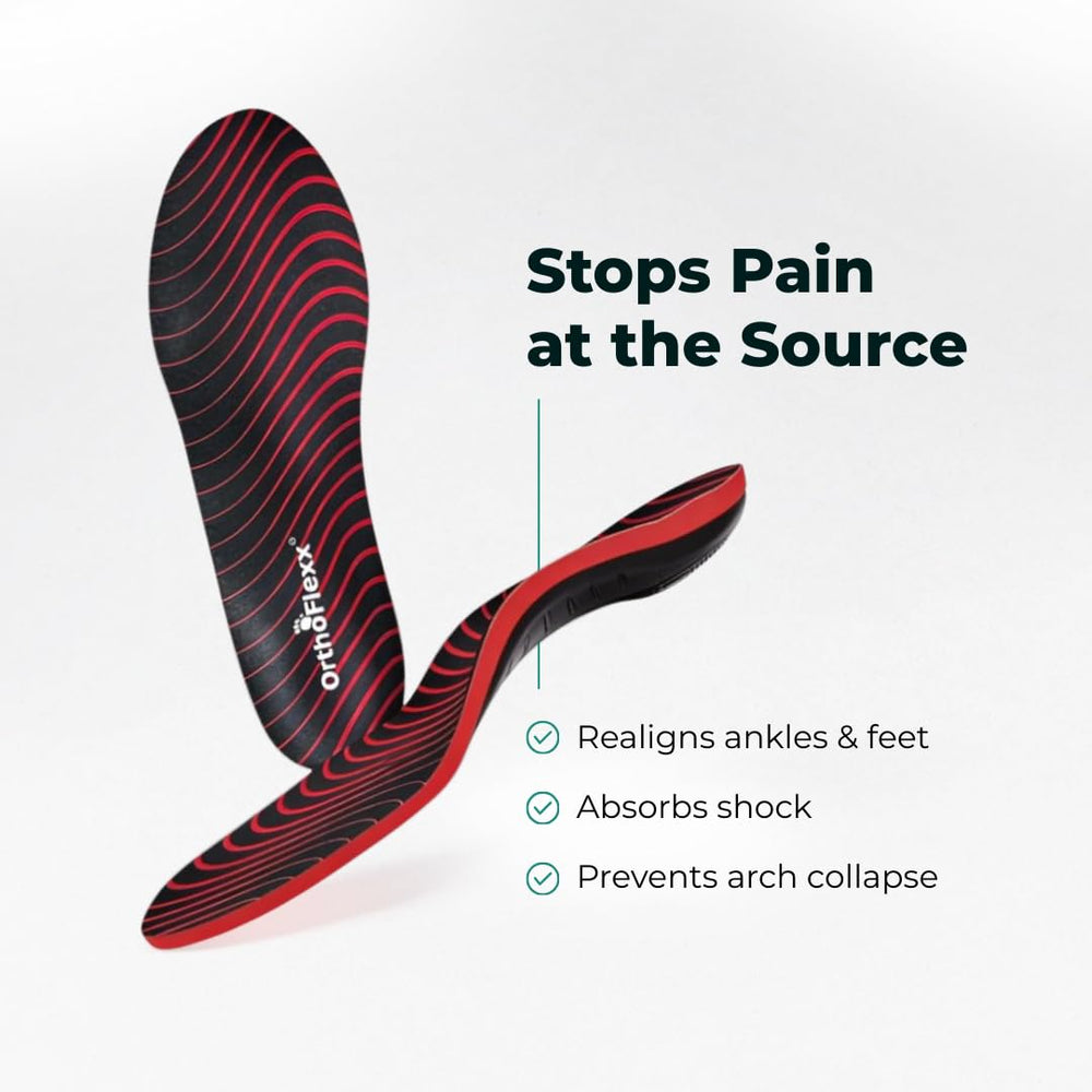 OrthoFlexx Insoles feature durable, shock-absorbing cushioning for daily steps.