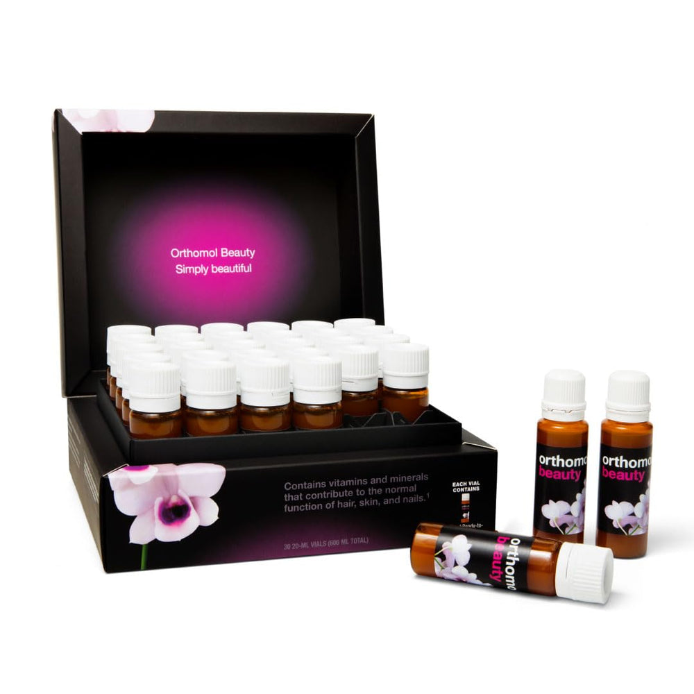 Orthomol Beauty Vial bottle front shows premium nutrients for skin, hair and nails.