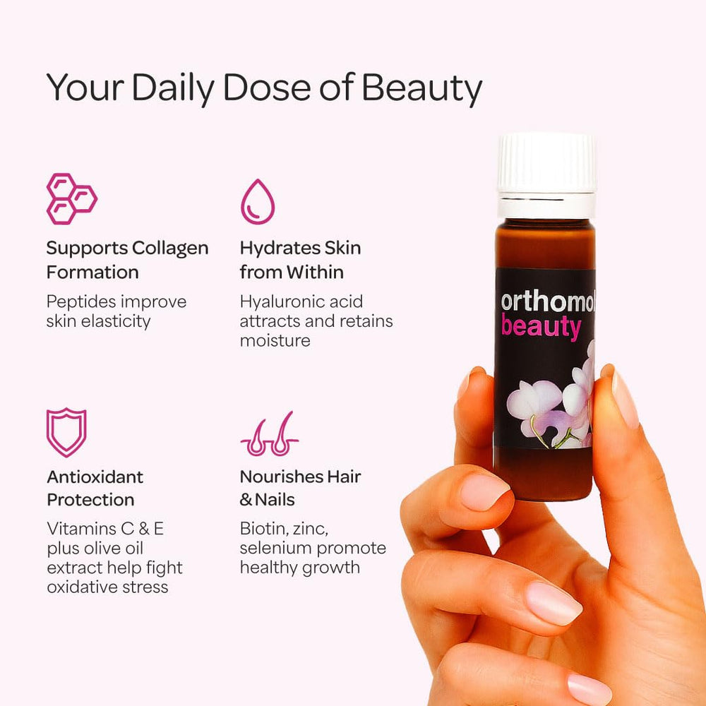 Orthomol Beauty Vial liquid in a glass emphasizes convenient daily beauty support.