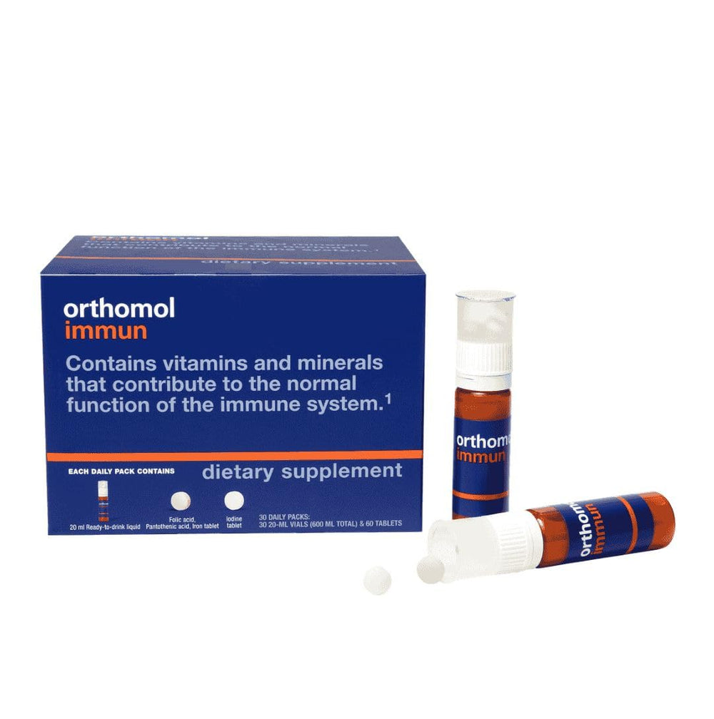 Orthomol Immun daily pack with liquid vial and tablets for easy daily immune support.