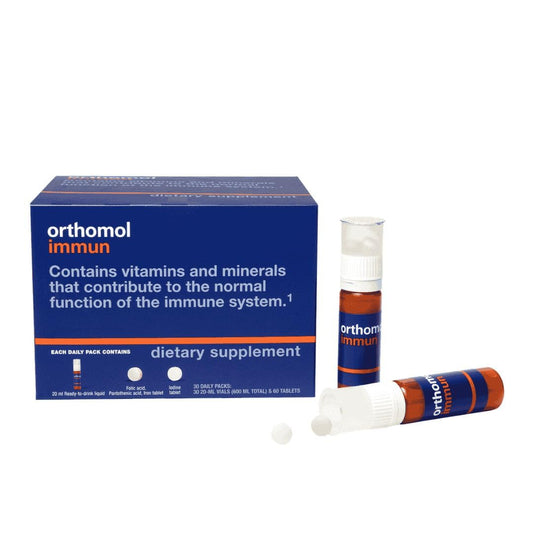 Orthomol Immun daily pack with liquid vial and tablets for easy daily immune support.