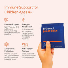 Front label of Orthomol Immun Junior C Plus Tangerine packaging.
