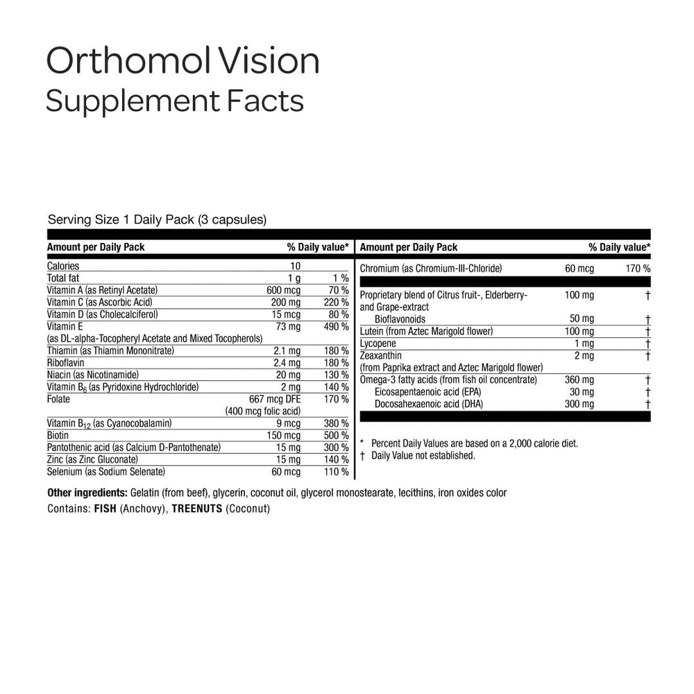 Orthomol Vision DHA-omega-3 capsule close-up emphasizing visual function.