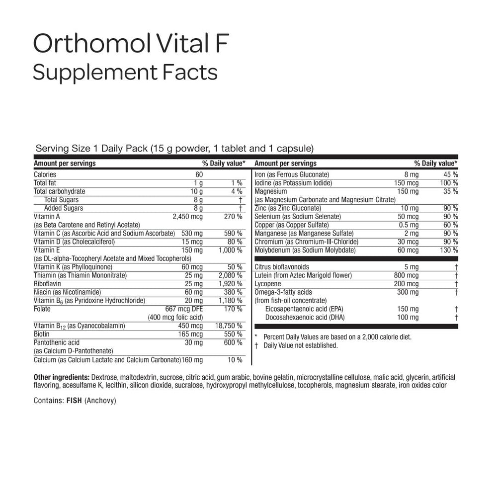 Orthomol Vital F packaging box highlights German-made quality.