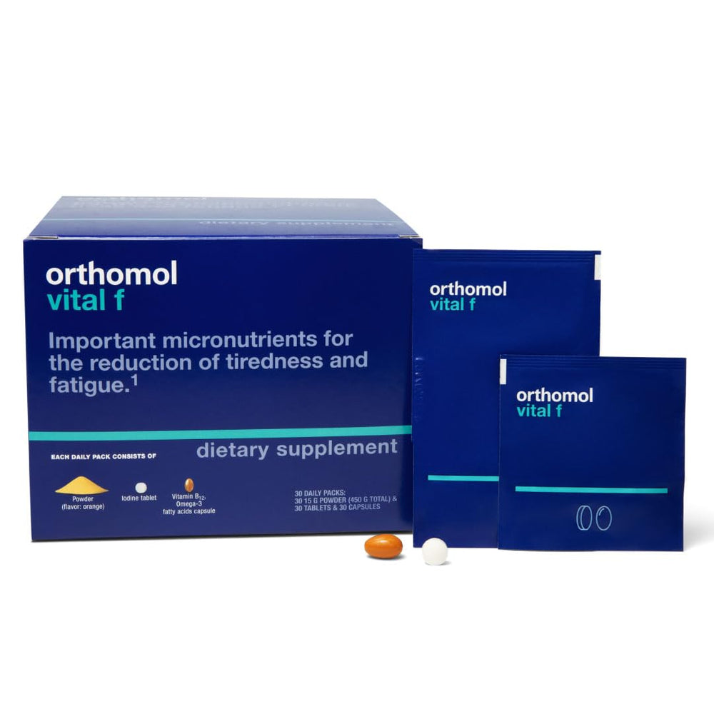 Orthomol Vital F powder bottle for daily energy support.