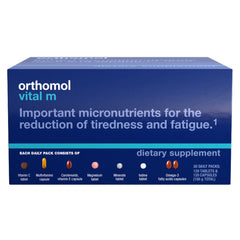 Orthomol Vital M bottle front suggesting daily multivitamin support for men.