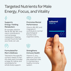 Orthomol Vital M packaging with scoop and capsules arranged