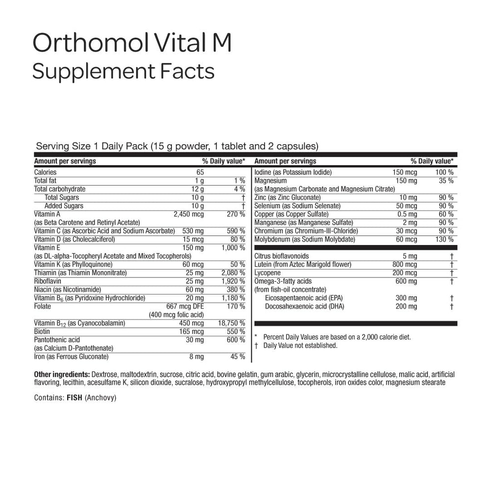 Orthomol Vital M 30-day packaging close-up showing dosage instructions