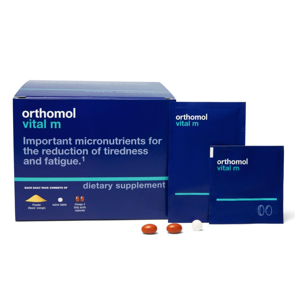 Orthomol Vital M powder and tablet packet front view for daily energy support