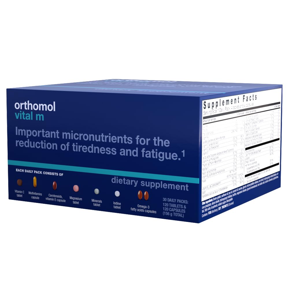 Orthomol Vital M tablet close-up highlighting compact pills for energy metabolism support.