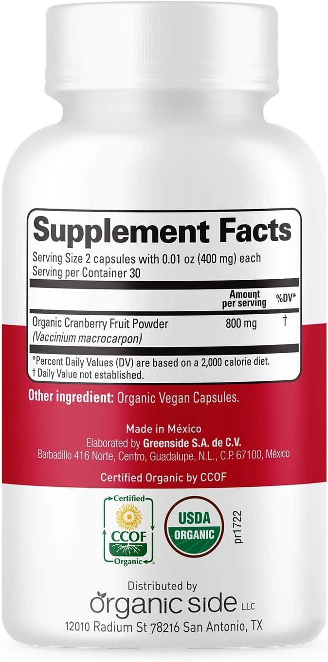 OS Organic Side cranberry capsules bottle close-up highlighting high-potency extract