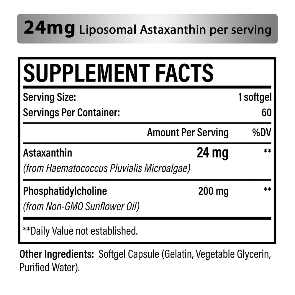 Osasuna Liposomal Astaxanthin 24mg packaging box highlighting gluten-free and non-GMO formulation.