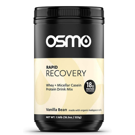 Osmo Rapid Recovery vanilla powder tub on display, emphasizing whole-food ingredients