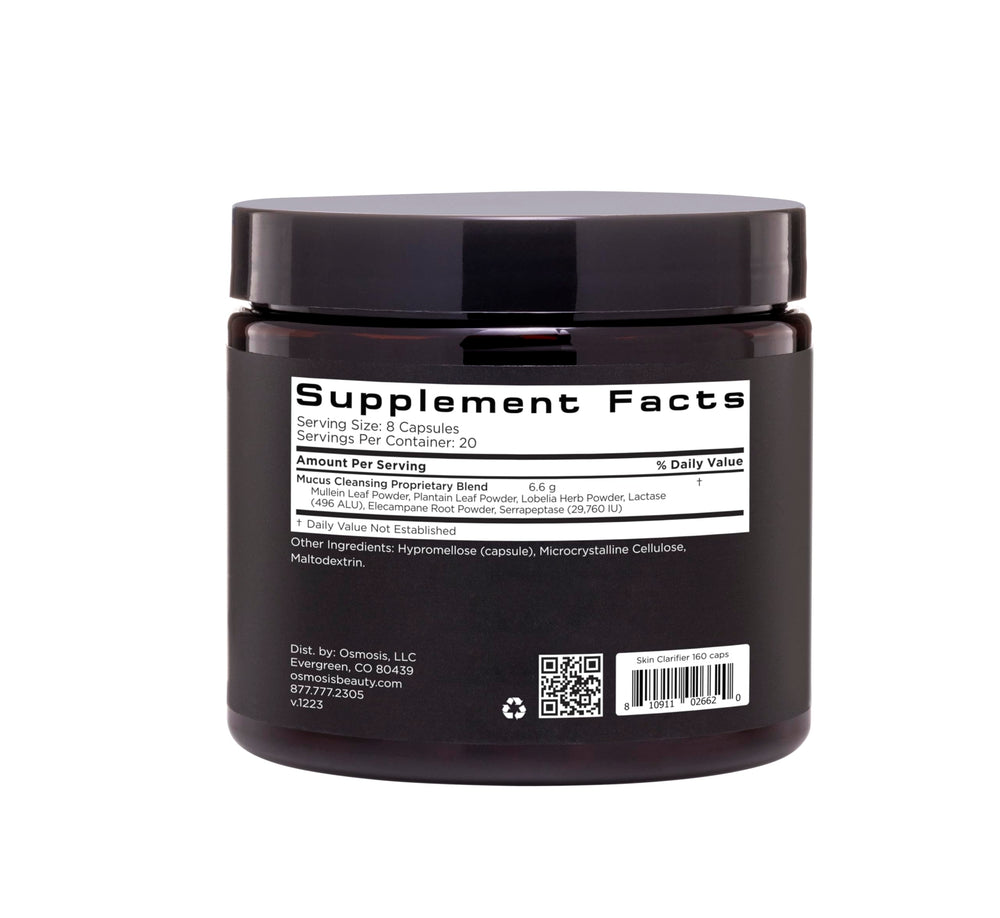 OSMOSIS Skin Clarifier capsules poured into a spoon for dosage reference.