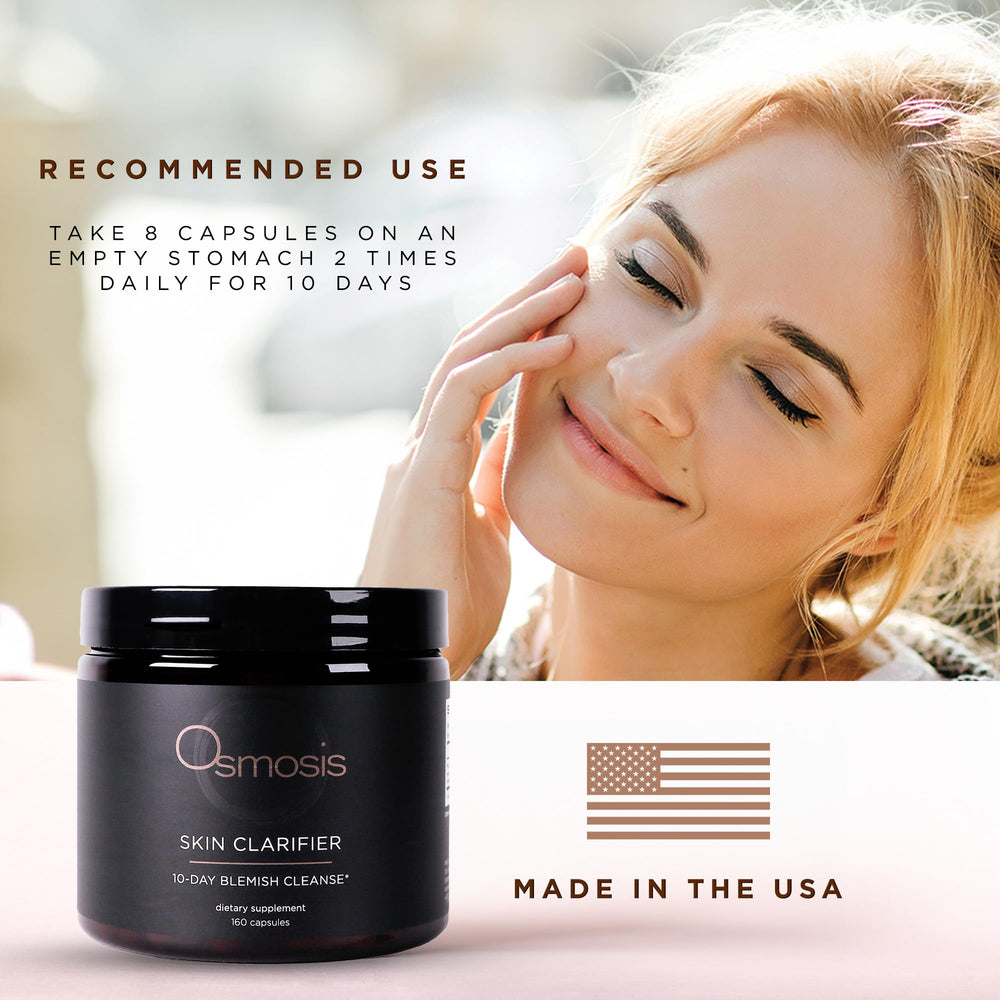 OSMOSIS Skin Clarifier ingredients list illustrating gluten-free, vegan formula.
