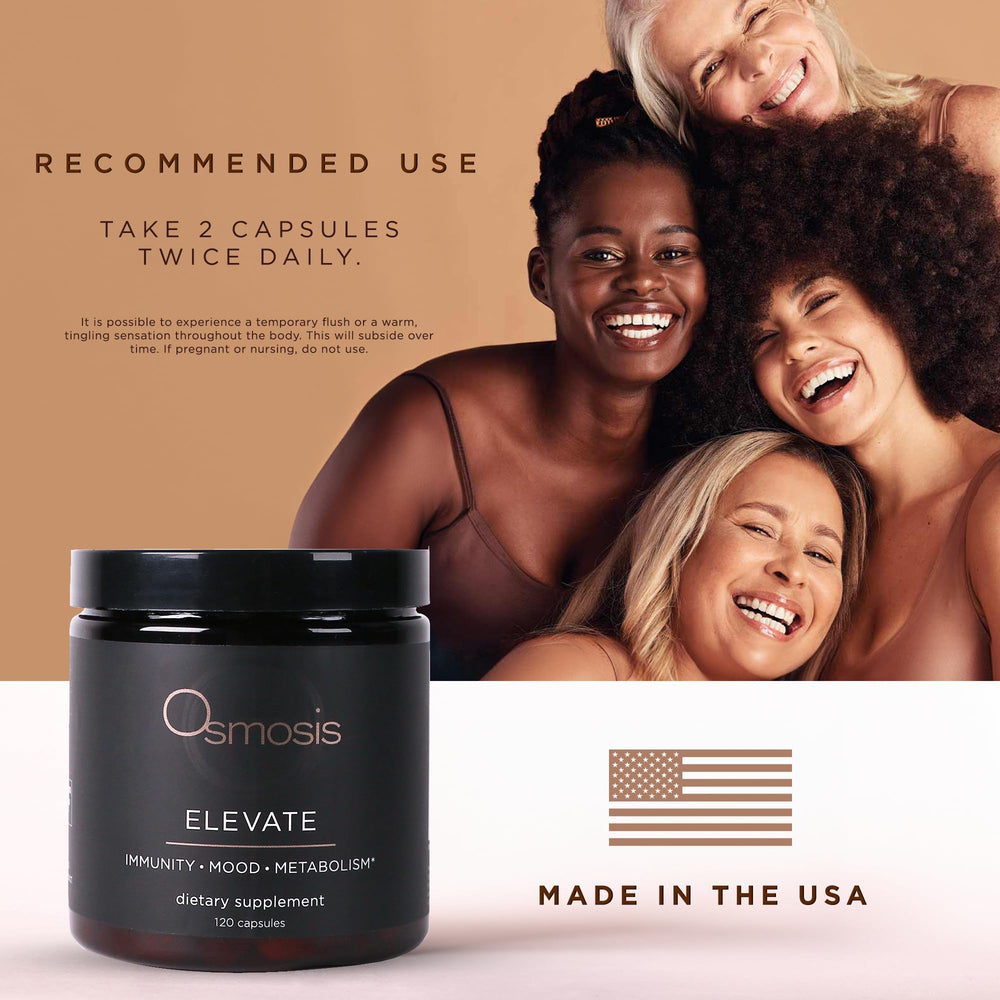 OSMOSIS Elevate capsules on a desk highlight portable immune and vitality benefits.