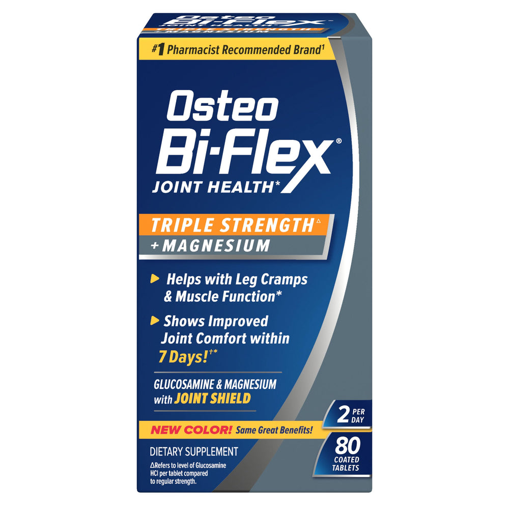 Osteo Bi-Flex triple strength bottle front view showing tablets for daily joint support.