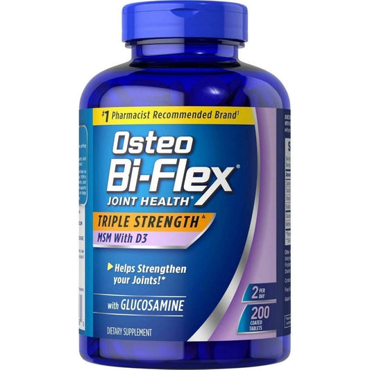 Osteo Bi-Flex bottle pouring, showcasing glucosamine and MSM blend for joint support