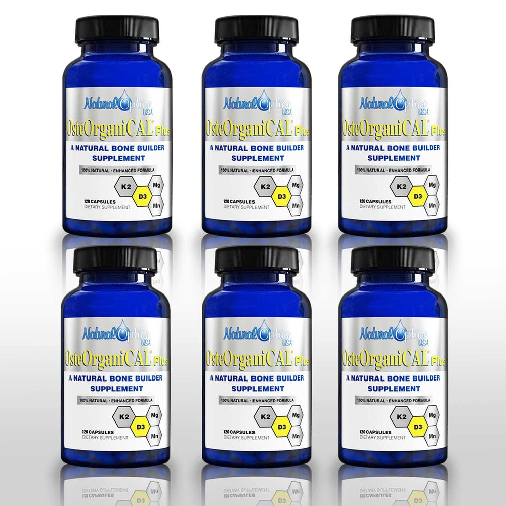 Osteorganical Plus bottle front with plant-based calcium, D3, K2 and minerals for bone health