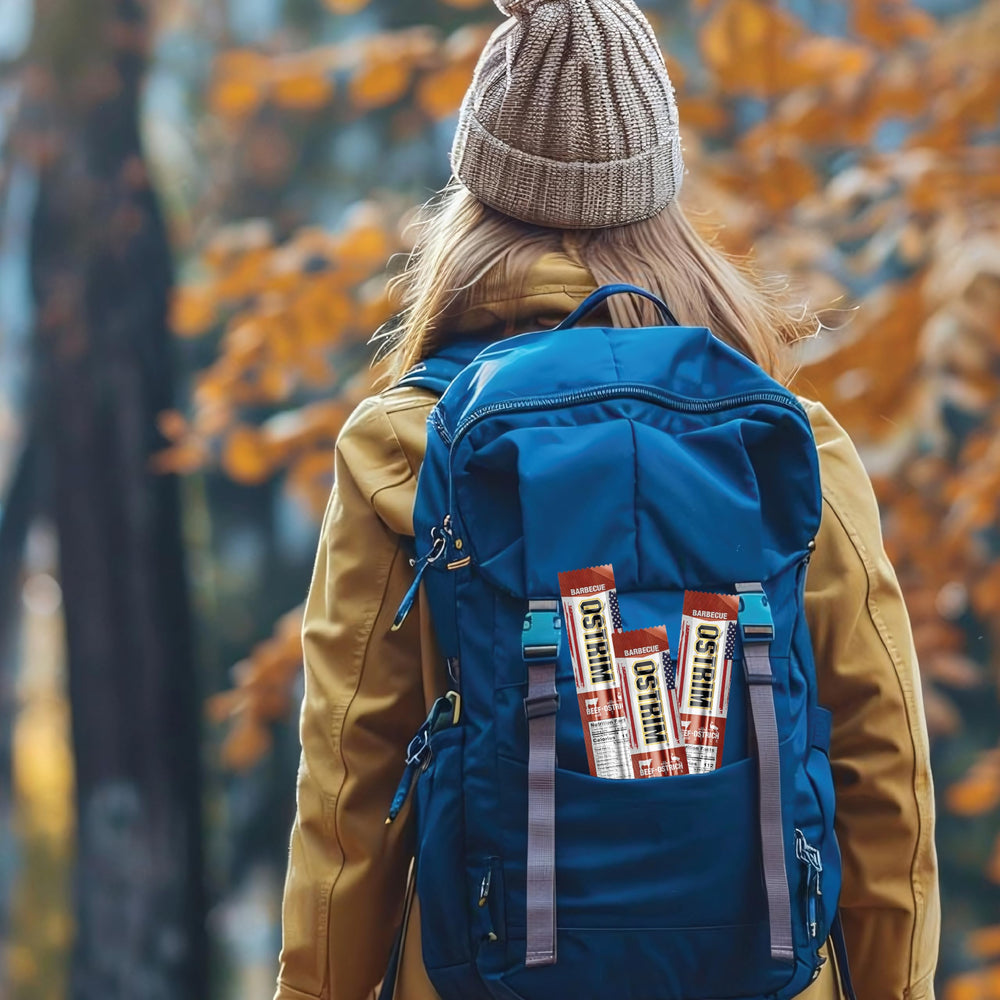 Ostrim backpack-ready jerky snack for traveling.