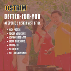 Ostrim snack sticks held in hand for a quick, protein-rich meal on the go.
