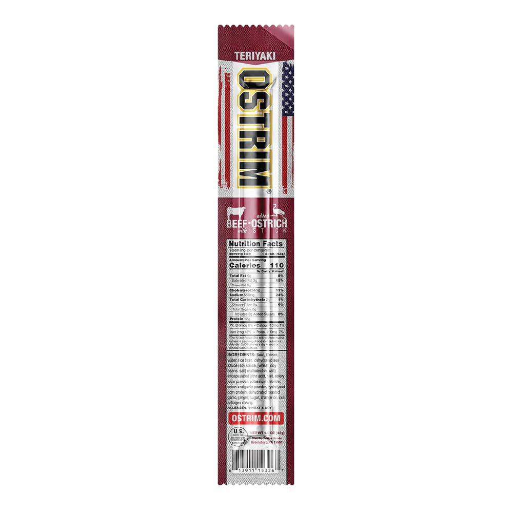 Ostrim teriyaki jerky packaging for on-the-go snacking.