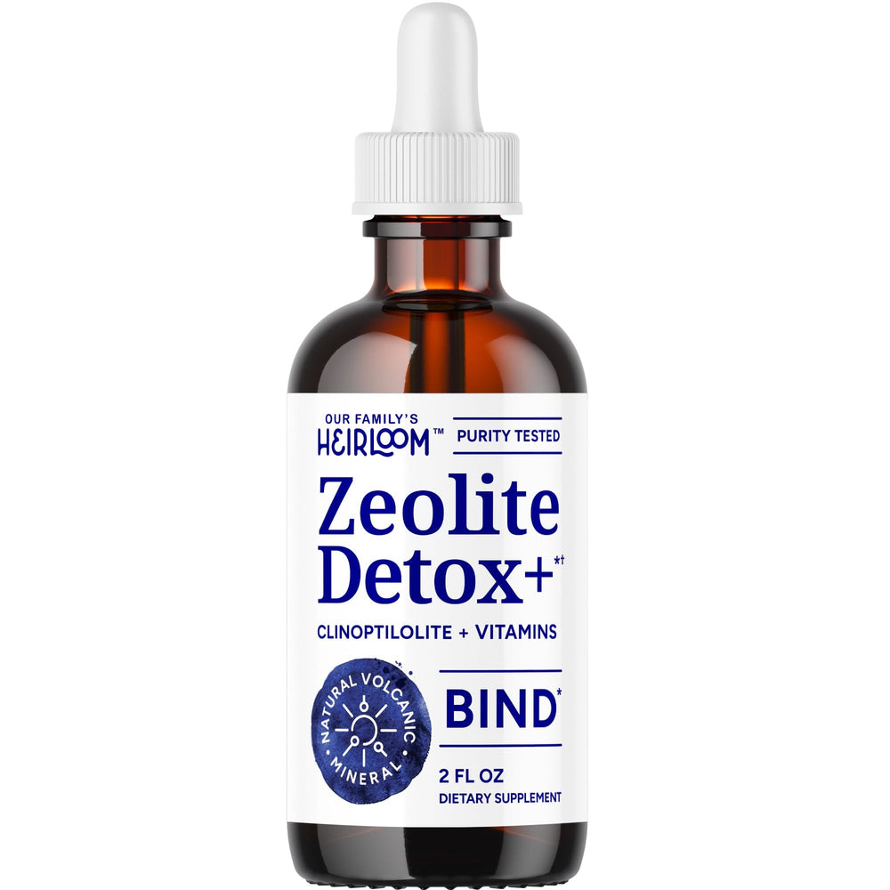 Our Family's Heirloom Zeolite Detox bottle pour highlights gentle daily detox