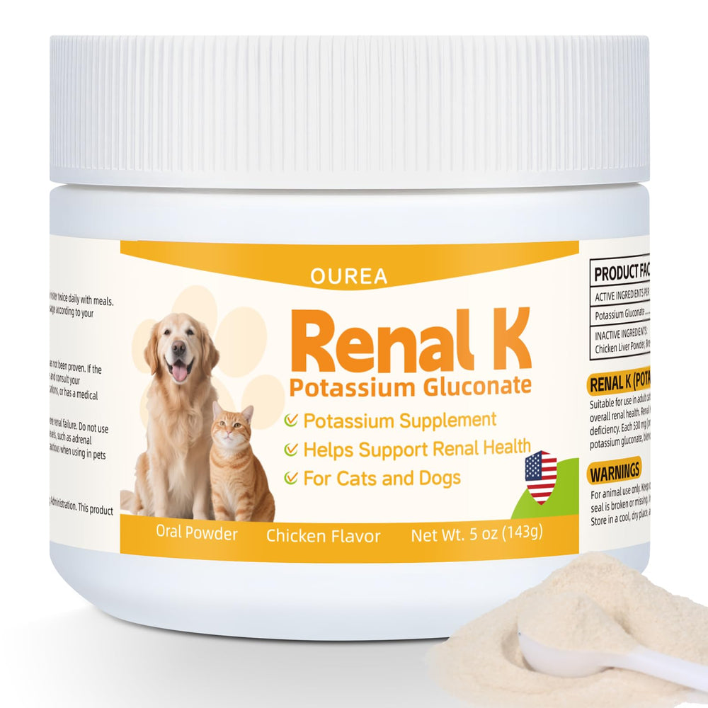 Ourea Renal K powder scoop for kidney support and balanced potassium levels.