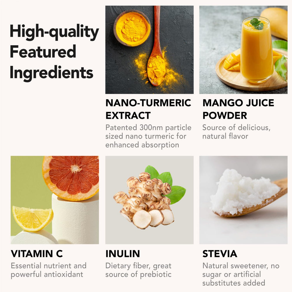 OurJrney Nano Turmeric Drink mango in glass with vibrant color