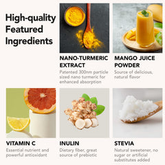 OurJrney Nano Turmeric Drink mango in glass with vibrant color