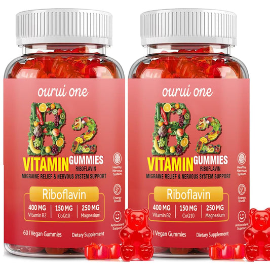 Ourui One Vitamin B2 Gummies bottle front highlighting vegan 60-count energy support.
