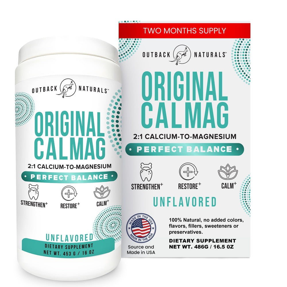 Outback Naturals calcium magnesium powder jar for steady, flavorless supplementation.